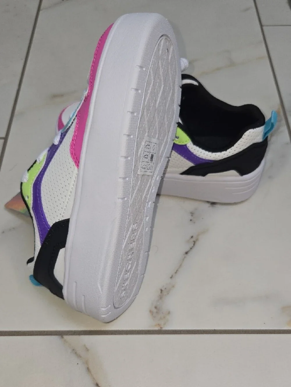 Skechers White Sneakers with Pink, Purple, Blue & Lime Accents